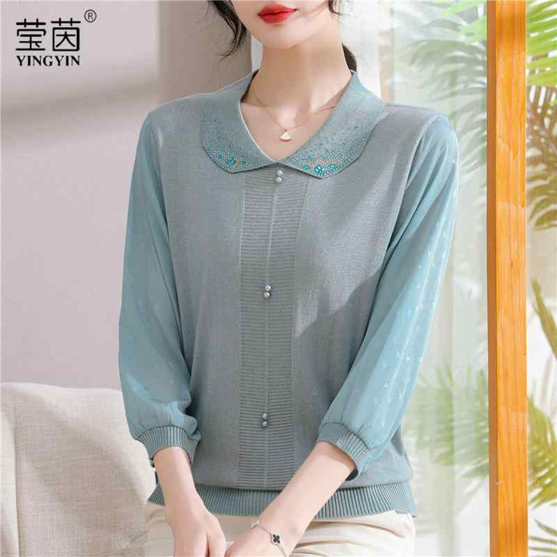 レディース 夏ニット クロップドパンツ ミセス ファッション マダム 春 ニット セーター 夏 薄手 シフォン スリーブ Tシャツ レイヤリング トップス