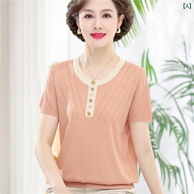 レディース シャツ 爽やか カジュアル 普段使い ママ 半袖 ひんやり 涼しい 快適 薄手 トップス 編み Tシャツ 夏 レディース ゆったり 無地 カラー