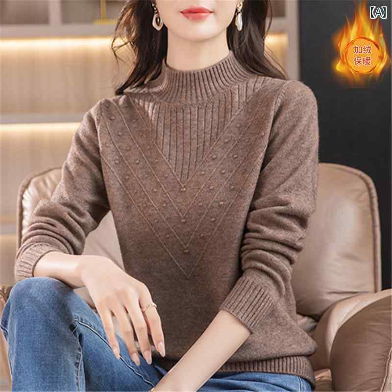 セーター カジュアル 上品 レディース ファッション マザーズ 普段使い トップス 母 冬 ショート ハーフ タートルネック プルオーバー 厚手 裏起毛 起毛 ニット パンツ 2点セット 婦人服