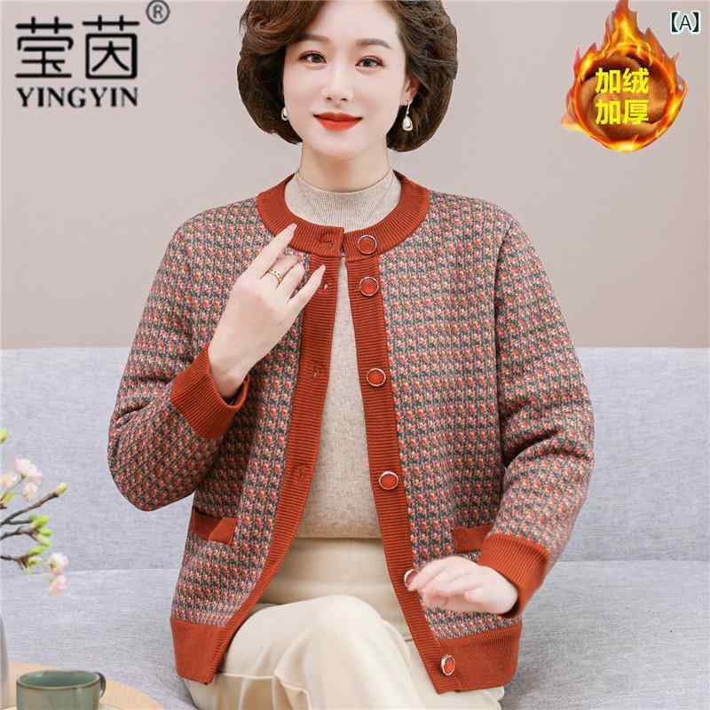 レディース ファッション トップス アウター ウェア 秋冬服 裏起毛 厚手 コート 母 暖かい セーター カーディガン 婦人服