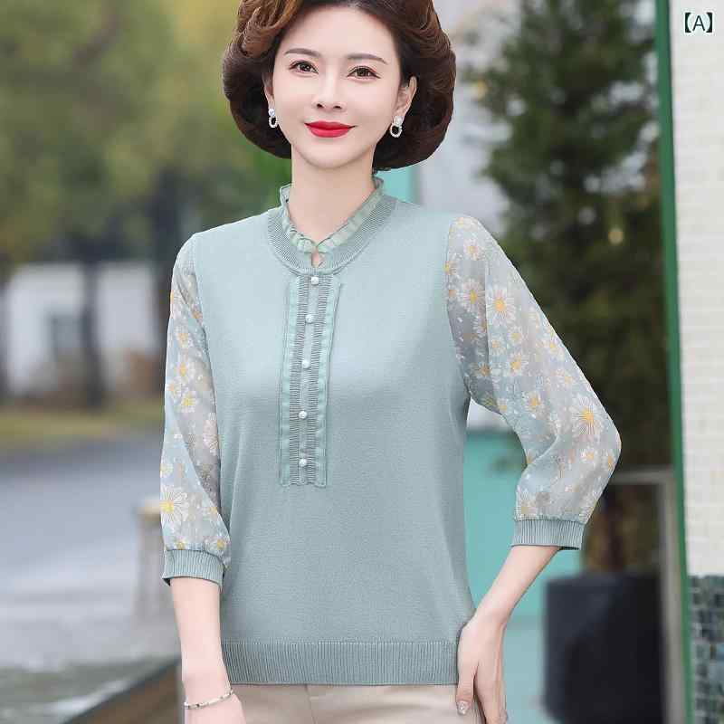 レディース 七分袖夏ニット クロップドパンツ 春 薄手 ガーゼ スリーブ マザーズ ニット セーター 春夏 ミドルスリーブ トップス Tシャツ