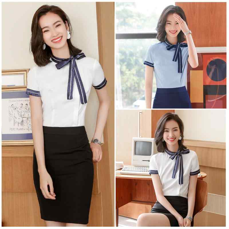 制服 ユニフォーム レディース スーツ 仕事着 接客 フロント シャツ ブラウス 半袖 スカート ショート丈 夏 フェミニン