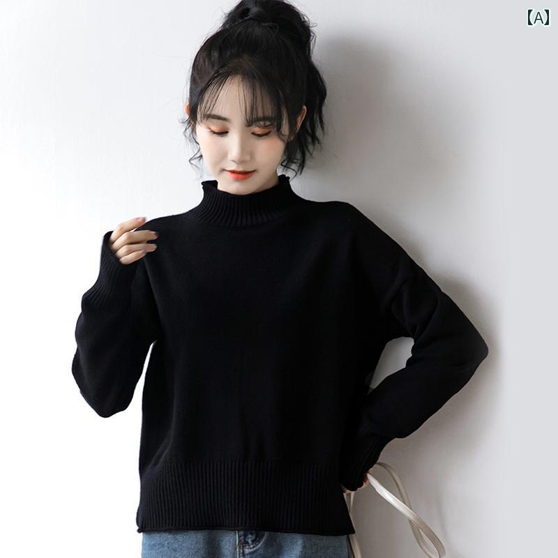 レディース ファッション カレッジ トップス シャツ ハーフ タートルネック セーター 長袖 秋冬 厚手 インナー ミドルカラー 黒 ウール ハーフハイネック
