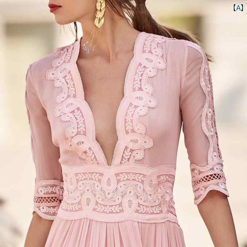 ドレス レディース フレンチ ピンク レース ハイエンド ビッグ ネーム ストリート ロング アメリカ 魅惑的 春