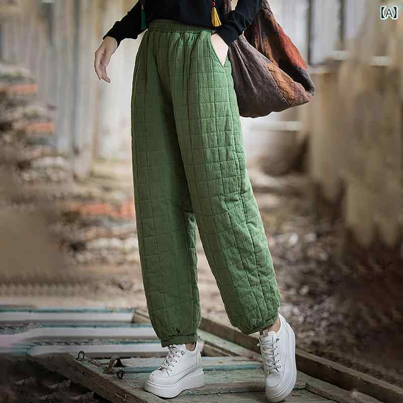 パンツ レディース ボトムス リネン キルト 厚手 サルエル 女性 冬 ゆったり レトロ 綿 リネン 暖かい キルティング 菱形 綿