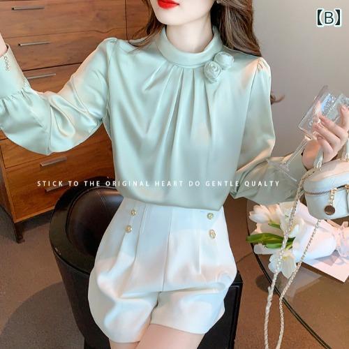 セキュアデポのシャツ ブラウス 立ち襟 レディース フレンチ スリム スタンドカラー フラワー 無地 プルオーバー 長袖 シフォンシャツ 爽か 秋 薄手｜アングル2