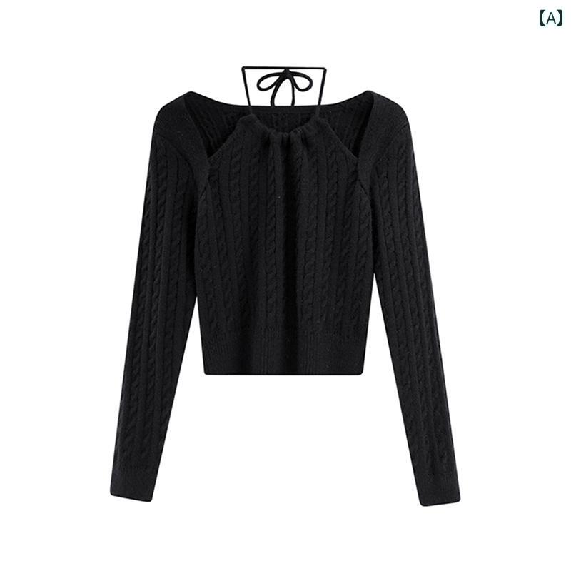 トップス レディース ホルターネック レースアップ プルオーバー セーター ファッション 女性 冬 ホリ..