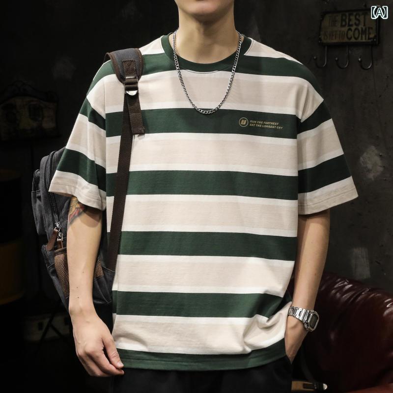 トップス Tシャツ メンズ カジュアル ストリート ゆったり 夏 ボーイズ 半袖 Tシャツ 夏 クール ヘビーウェイト 綿 ストライプ Tシャツ 半袖