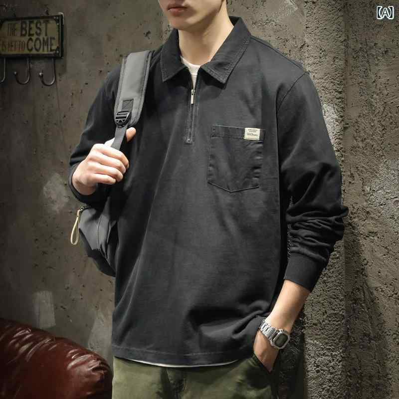 トップス メンズ ポロシャツ アメリカン カジュアル ストリート ゆったり レトロ 男性用 春 大きいサイズ ハイエンド ハーフ ジッパー