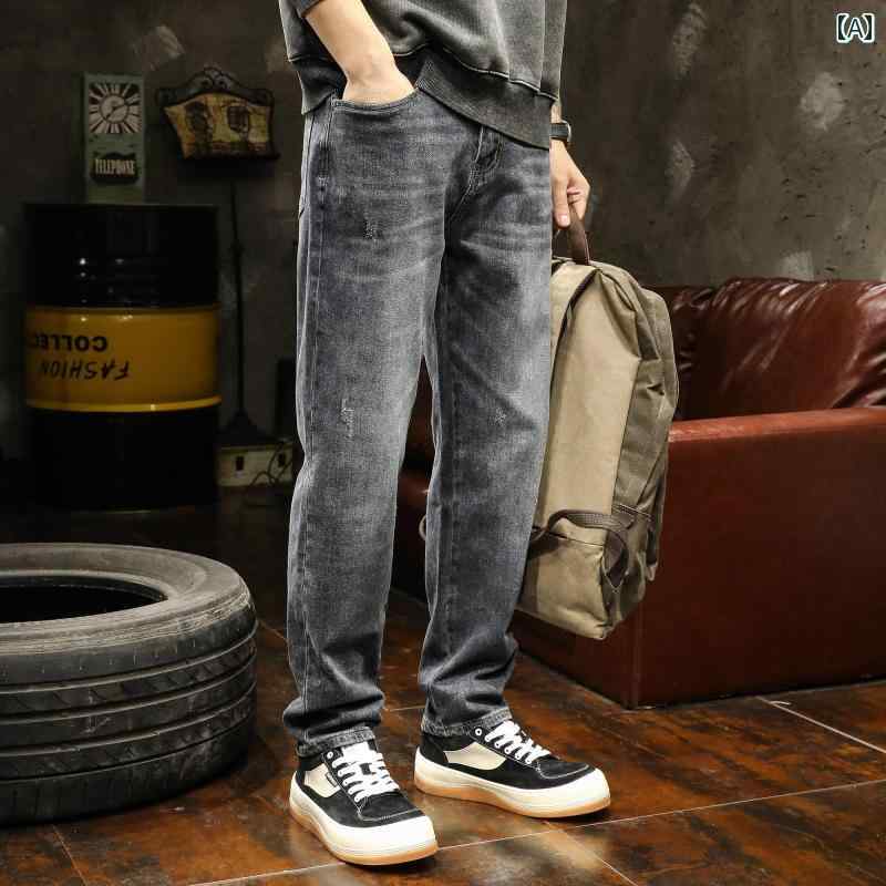 カジュアル パンツ メンズ メンズ 長ズボン ロング ボトムス 春秋 アメリカン ストリート レトロ デニム ウォッシュド ジーンズ ヴィンテージ風 ポケットステッチ装飾 前開き ややストレッチ性 レジャー