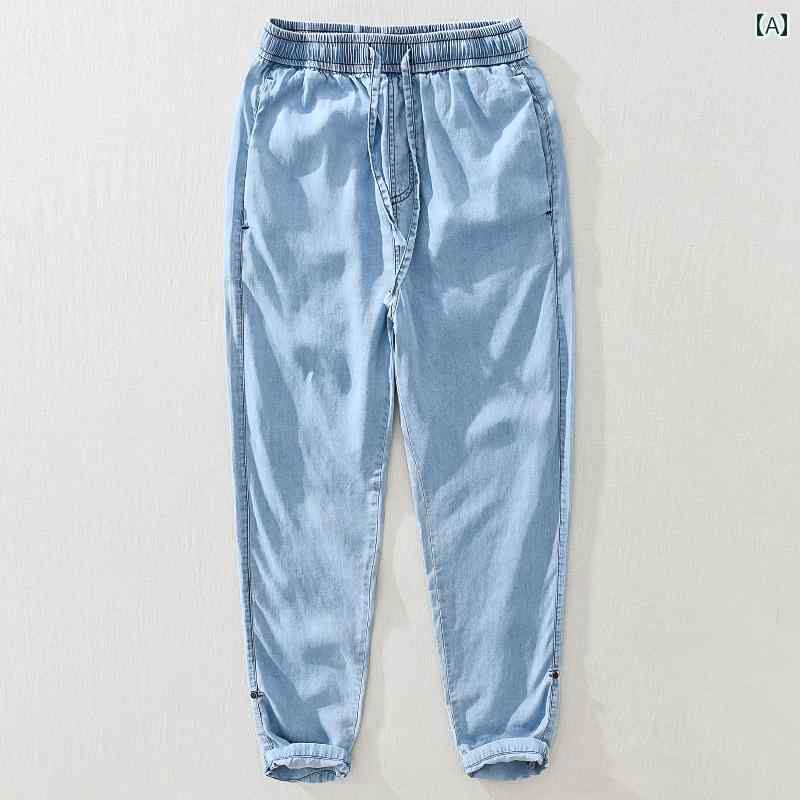八分褲 - パンツ デニム メンズ アウトドア ズボン ジーンズ 夏 薄手 巾着 ファッション クロップド 伸縮性 ウエスト コットンリネン ストレート