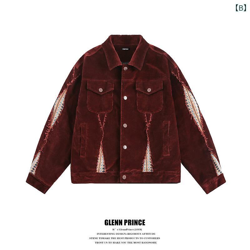 メンズ ファッション ストリート エスニック 破壊 スプライシング コーデュロイジャケット 春 カジュアル スーツ