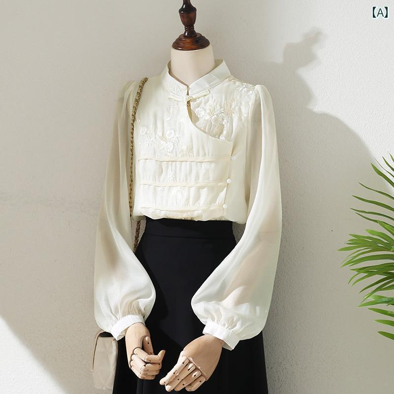 シャツ トップス レディース ブラウス おしゃれ オー ガンザ 中華風 ライト 刺繍 秋 女性 美しく シック 小さい 長袖