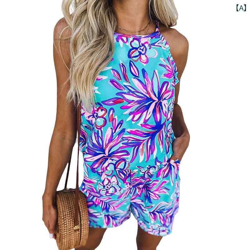 レディース 夏 ファッション アメリカ フリル サスペンダー ジャンプ スーツ 花柄 ポケット ストレート ショーツ