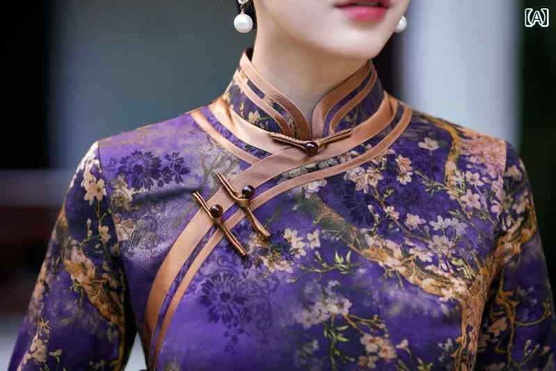 レディース チャイナドレス エレガント おしゃれ 秋冬 中華 紫 スリム レトロ 日常 ロング 長袖 スカート 摩耗