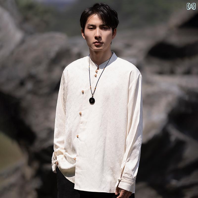 メンズ カジュアル シャツ トップス レトロ チャイニーズ スタイル かっこいい ジャカード 長袖 唐 スーツ スタンドカラー ジャケット チュニック