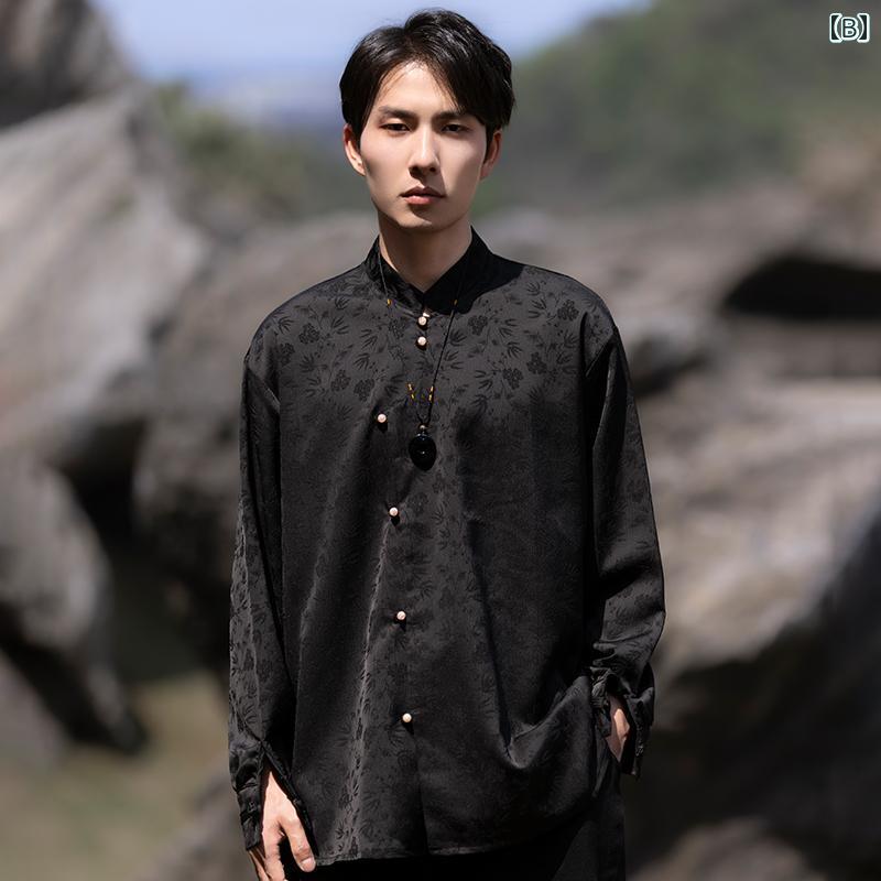 メンズ カジュアル シャツ トップス レトロ チャイニーズ スタイル かっこいい ジャカード 長袖 唐 スーツ スタンドカラー ジャケット チュニック