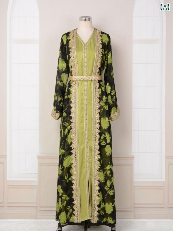 レディース ローブ エスニック ドレス イスラム 教徒 アメリカ クロスボーダー 中東 プリント 刺繍 レ..