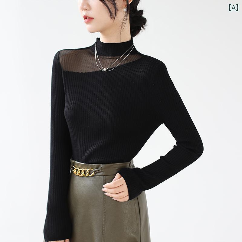 シャツ レディース 長袖 おしゃれ 不規則 カラーマッチング シースルー ハーフ タートルネック セーター 秋冬 軽量 洗練 インナー レイヤリング