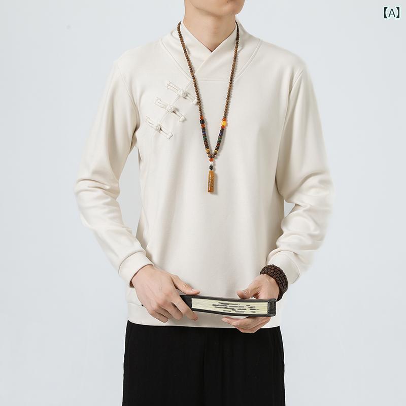 メンズ ファッション 中華風 レトロ おしゃれ プルオーバー 長袖 スウェットシャツ 春 中国 ボタン 漢服 瞑想 スーツ シャツ 春秋 スリムフィット トップス