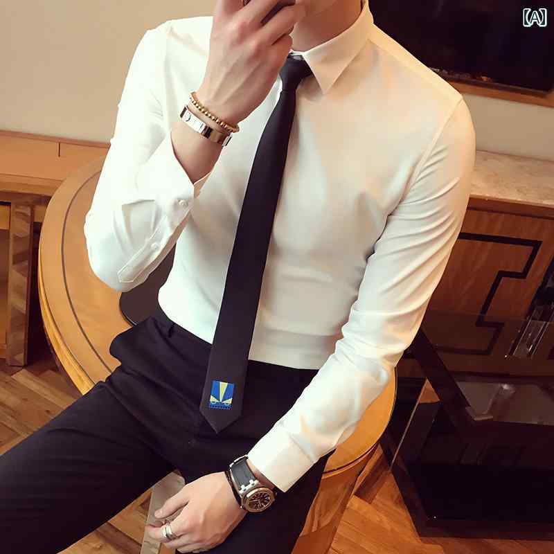 メンズ カジュアル トップス 秋 長袖 白 シャツ 無地 ビジネス プロ フォーマルウェア 韓国 黒 作業着 ..