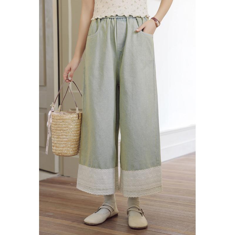 レディース カジュアル パンツ ファッション 和菓子 淡い 色 レース スプライシング ウォッシュ 加工 ..