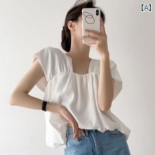 夏 韓国 シック 優しい スクエアネック ゆったり ノースリーブ シフォンシャツ キャミソール 着用