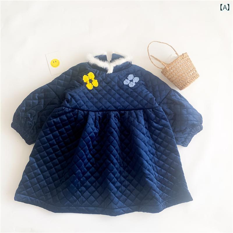 ガールズ 冬 スカート 韓国 子供 クラインブルー キルティング ドレス 厚手 プリンセス
