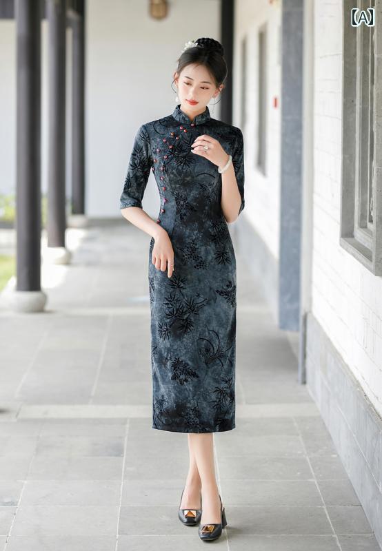 China Dress - レディース チャイナドレス 美しい 撮影 衣装 秋冬 七分袖 デイリー レトロ チャイナ ドレス エレガント マザーズ ウェア スリム