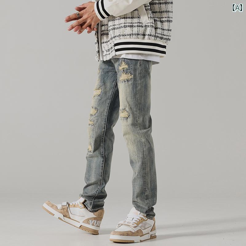 メンズ パンツ デニム ウォッシュド ダメージ イエロー マッド ジーンズ 秋冬 ファッション アメリカ ストリート スクラッチ パッチ スリム ストレート