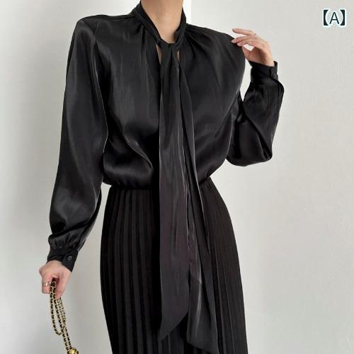 Long-Sleeved - レディース ファッション 韓国 シック 春秋 フランス ロマンチック 光沢 プリーツ リボン タイ ネック 長袖 シャツ ウエスタン トップス