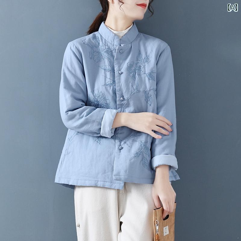 レディース カジュアル アウター 普段着 婦人服 エスニック 冬用 刺繍入り スタンドカラー コットンコート コットンリネン ショート コート チャイナ ボタン ダウン コットン パッド ジャケット キルティング 唐 スーツ カーディガン
