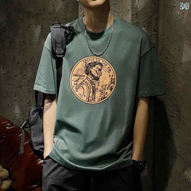 メンズ 半袖 Tシャツ 夏 トップス アメリカン レトロ ラウンドネック フロントプリント 手書き人物英数文字 しわ防止 綿 コットン100 カジュアル レジャー ユニーク
