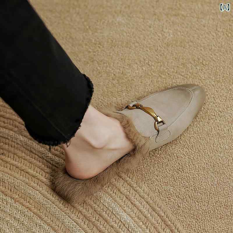 レディース ミュール オフィス 通勤 秋冬 革 グレー 毛皮 スリッパ 女性 アウター ぬいぐるみ ウサギ ..
