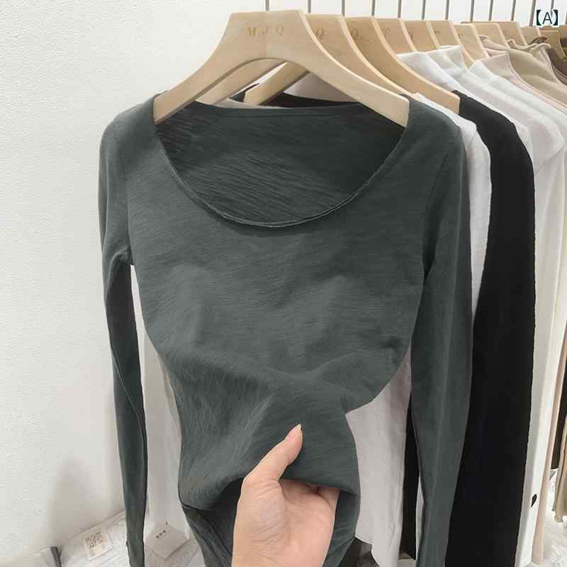 Garments - レディース カジュアル トップス 普段使い 韓国 シンプル ラウンドネック コットン ロー 鎖骨 長袖 T シャツ 竹 綿 インナー レイヤリング ベース