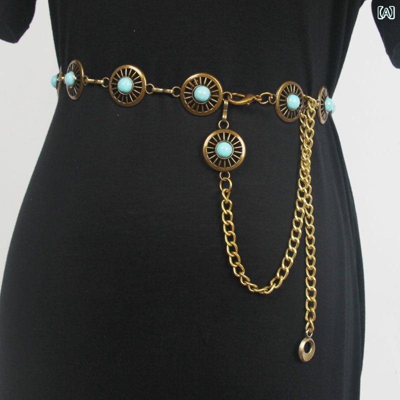 レディース チェーン アクセサリー ベルト おしゃれ アメリカ レトロ 金属 パターン ウエスト ドレス スーツ セーター 瑪瑙 石