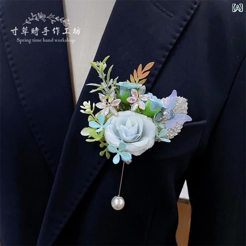 アクセサリー コサージュ ウエディング 美しい ブルー 新郎 新婦 結婚式 ブローチ ハイエンド 付添人 ブライズメイド ウェディング