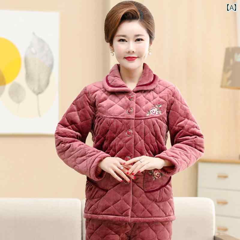 パジャマ ルームウェア 寝間着 秋冬 サンゴ フリース 女性 裏起毛 厚手 三層 パッド入り ジャケット 母 フランネル リラックス ウェア スーツ