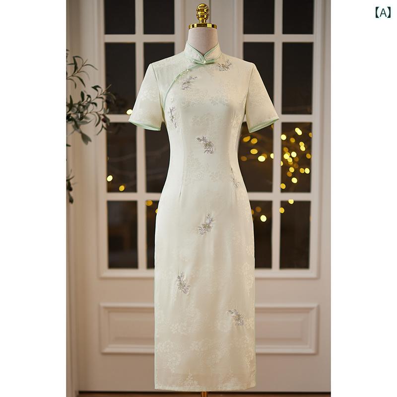 レディース 夏 民族衣装 コスチューム 美しい ライト グリーン チャイナ ドレス 上品 洗練 ガールズ ハイエンド 刺繍 ミドル丈(4)