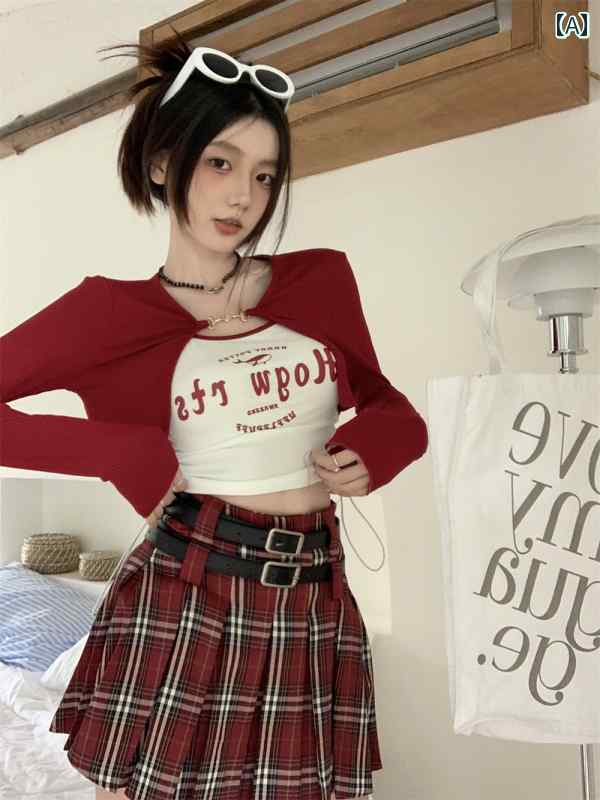 レディース アメリカン レトロ レッド チェック柄 プリーツスカート カレッジ a ライン スカート スリム 露出 防止 JK ショート