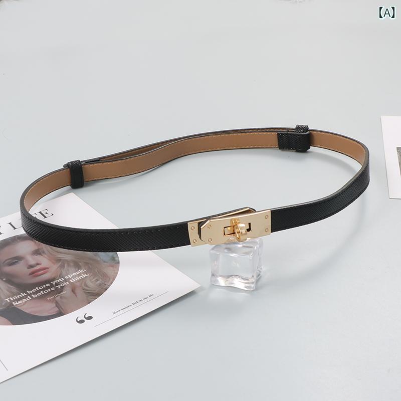 レディース カジュアル ベルト 牛革 ロック バックル 調節可能 細い 装飾的 ドレス スーツ シャツ ウエ..