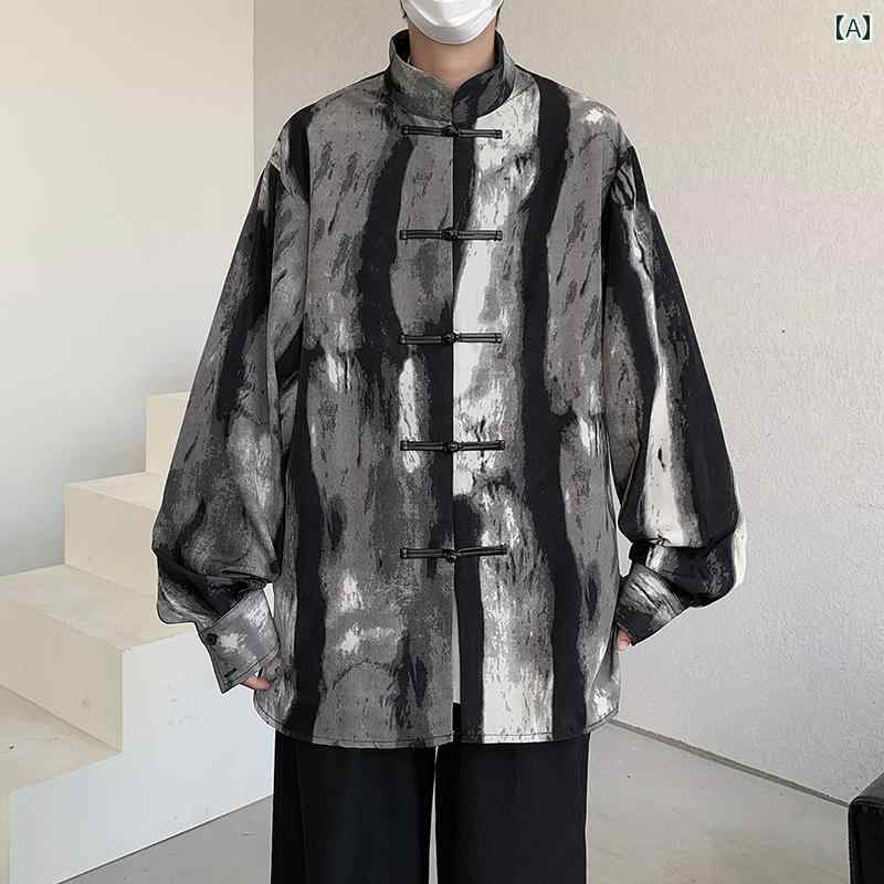 Rakuten - メンズ カジュアル シャツ おしゃれ 中国 プリント ボタン 長袖 男性 ヨウジヤマモト スタンドカラー レトロ 中華風 ハイエンド