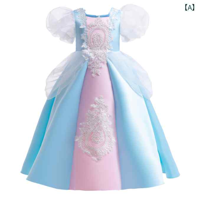 女の子 中 大型 子供服 パフスリーブ カラー ブロック 刺繍 プリンセス ドレス ロング クロスボーダー ガールズ