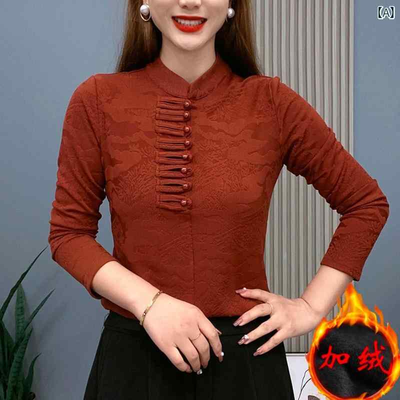 レディース カジュアル ファッション トップス 韓国 母 服 スタンドカラー ベルベット シャツ 春秋 暖かい 若々しい