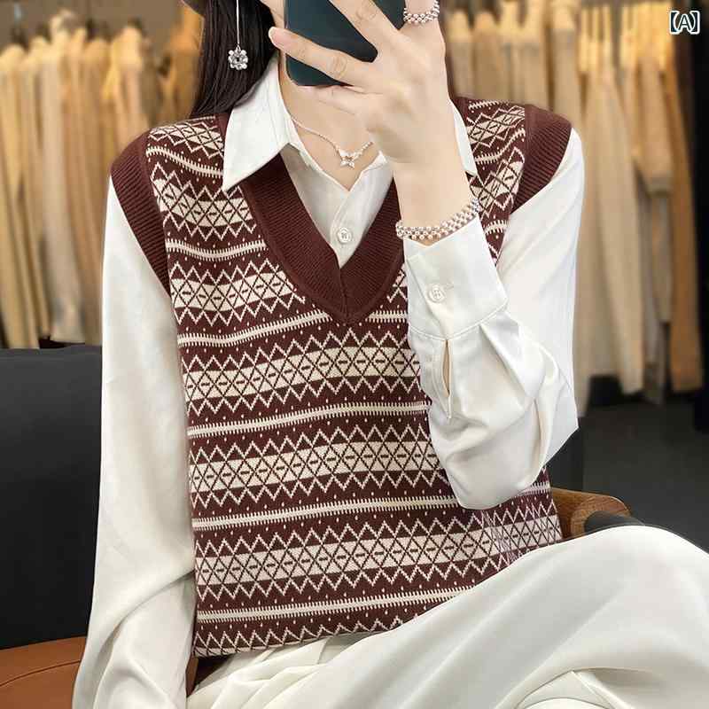 乐天商城 - レディース ファッション レトロ ストライプ V ネック ニット ベスト 女性用 レイ ヤード ジャケット トップス ノースリーブ ジャカード チョッキ 秋冬用
