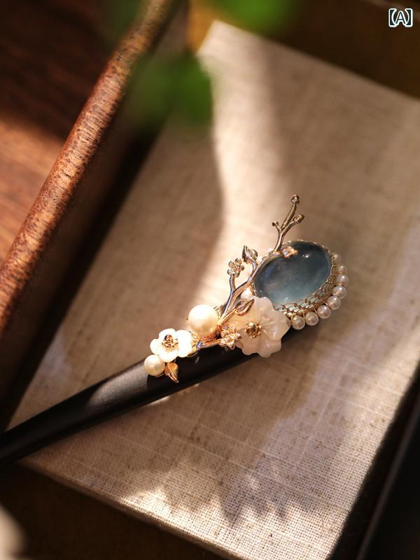 レディース アクセサリー かんざし おしゃれ ヘア ブルー ヘアピン シンプル モダン デイリー アクア マリン 簪 アンティーク 白檀 お団子 ボール ヘッド