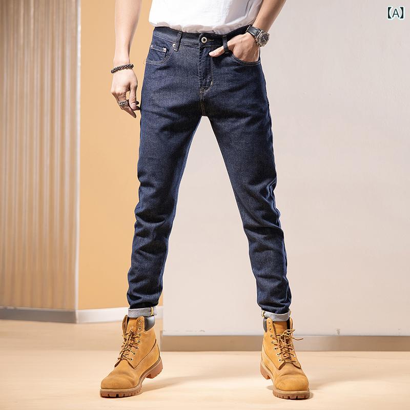 メンズ パンツ デニム スキニー 春秋 アメリカ ジーンズ 弾性 スリム ロング スプライス 穴 足首細 ダ..