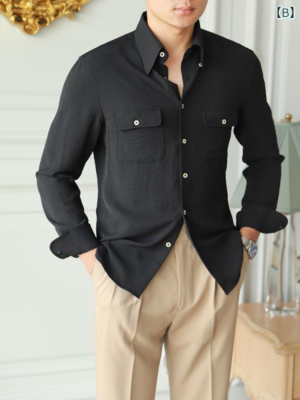 メンズ カジュアル Y シャツ 長袖 イタリア ナポリ 紳士 マルチ ポケット トップス ドレープ 抗 シワ ビジネス 白