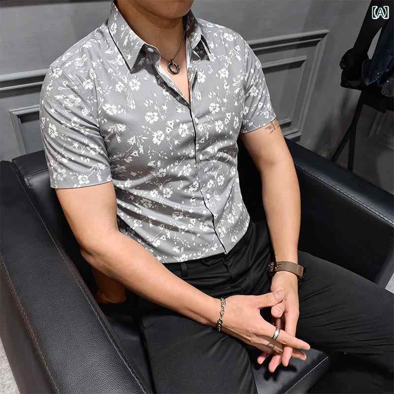 メンズ 夏 カジュアル トップス 半袖 花柄 シャツ ビジネス スリム フィット ハイエンド サイズ