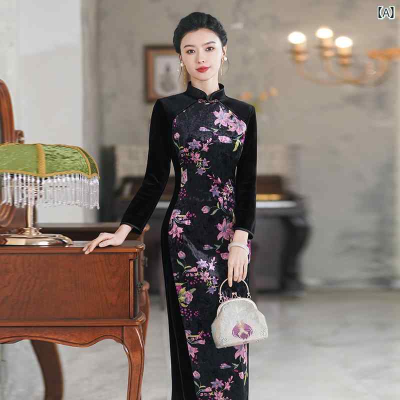 レディース チャイナ ドレス 長袖 民族衣装 レトロ 民族風 古風 ハイエンド 普段使い 日常着 エレガント